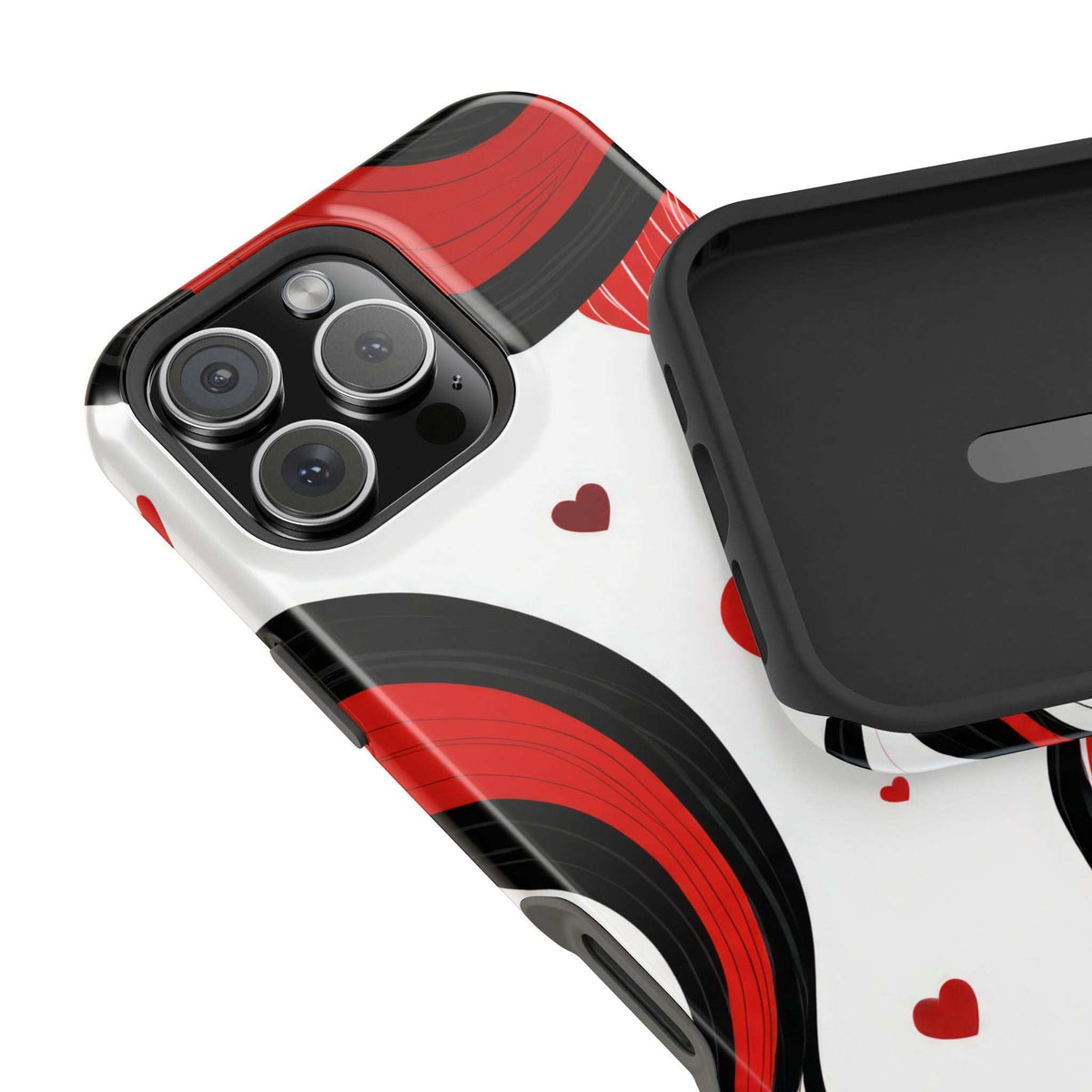 Phone case angled view showing camera cutouts and heart pattern in red and black