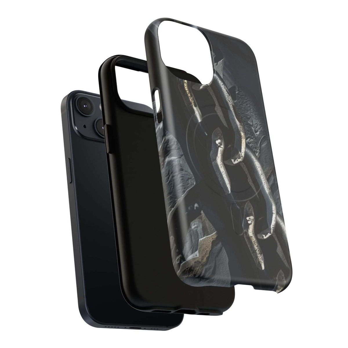 Protective phone case with dark edges and transparent back panel featuring metallic chain art.