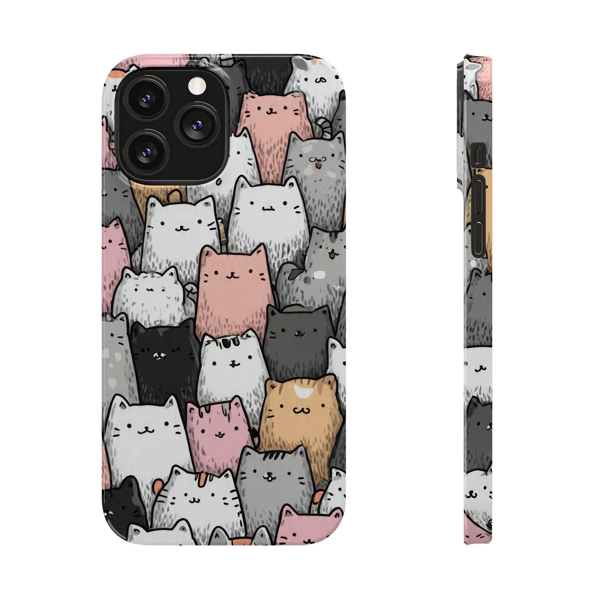 Cat carnival phone case front and side profile with gray, white, pink, and tan cat faces.