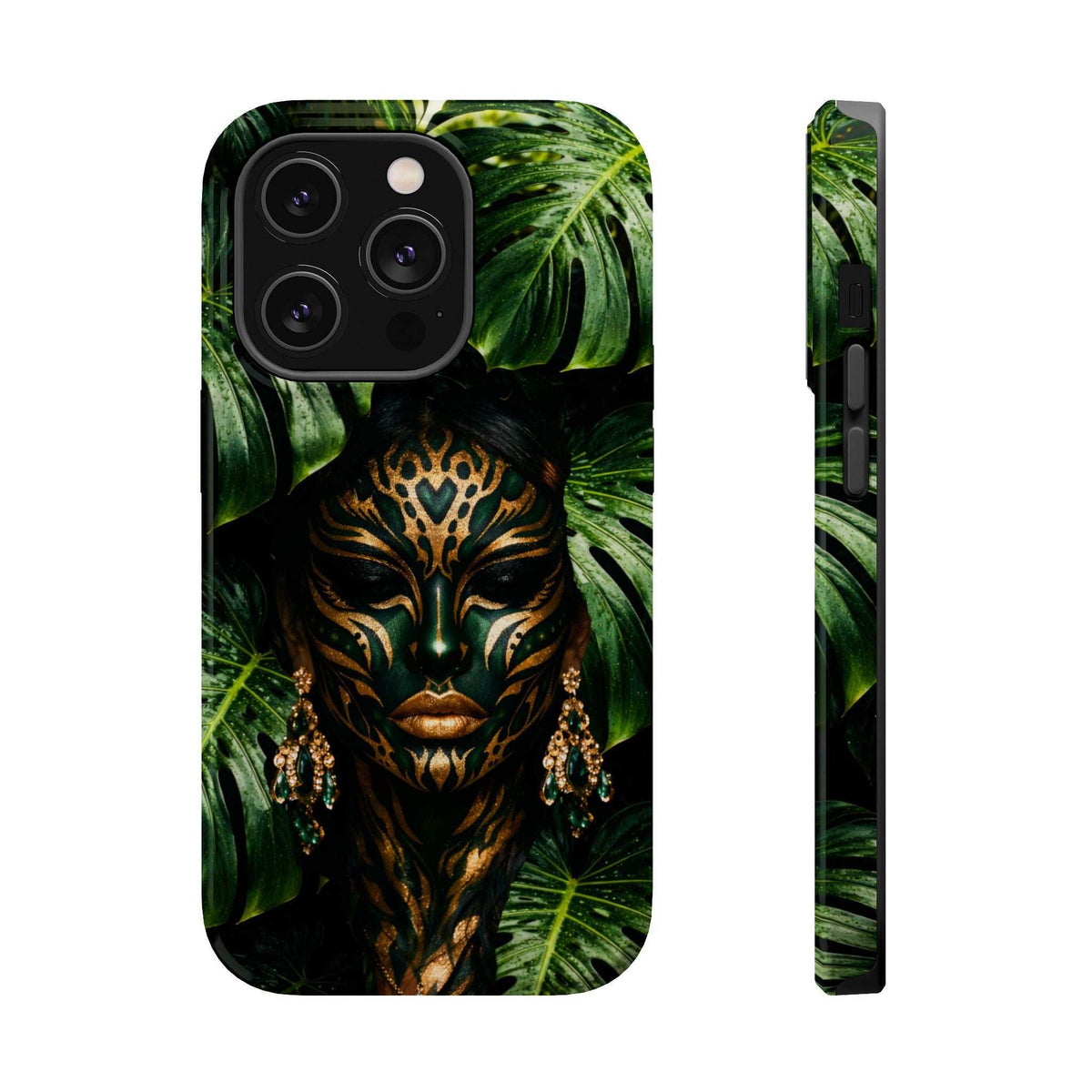 Jungle-themed phone case featuring an ornate gold mask and green foliage
