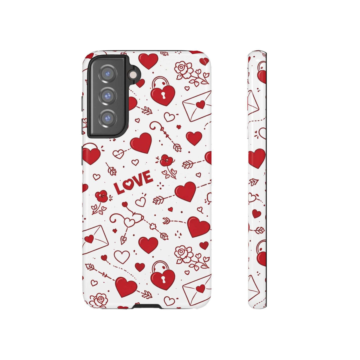 White phone case with red hearts and LOVE lettering; camera cutout and phone side profile.