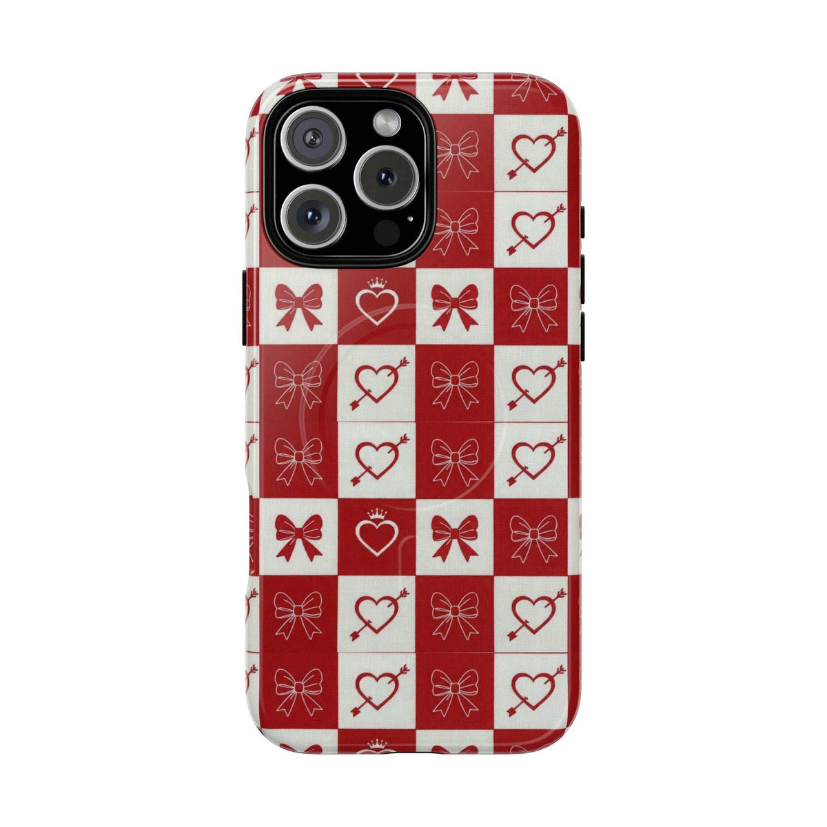 Phone case back cover with red-and-white hearts and bows checkered design, camera openings