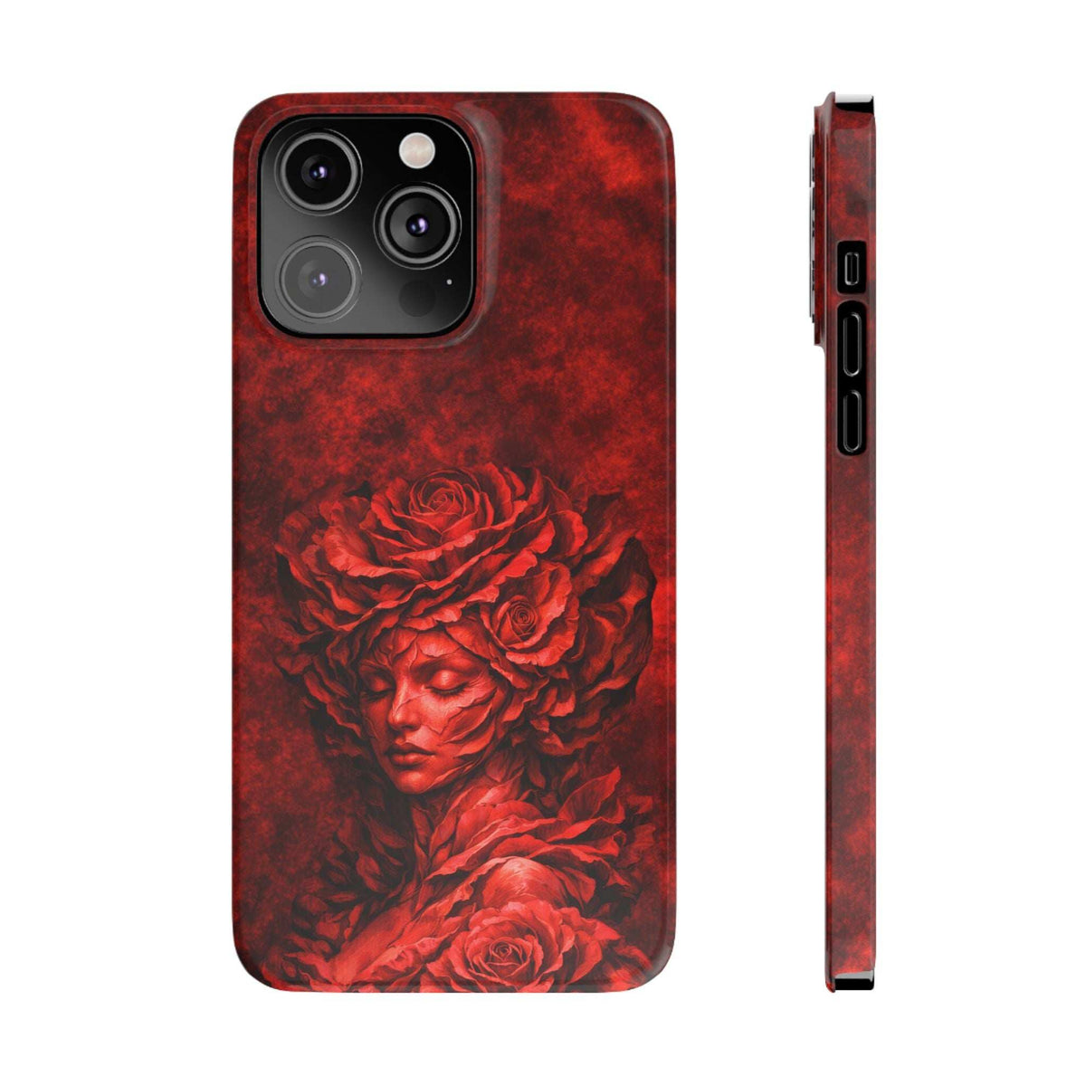 Red slim phone case with roses and woman face illustration; side edge shows port cutouts.