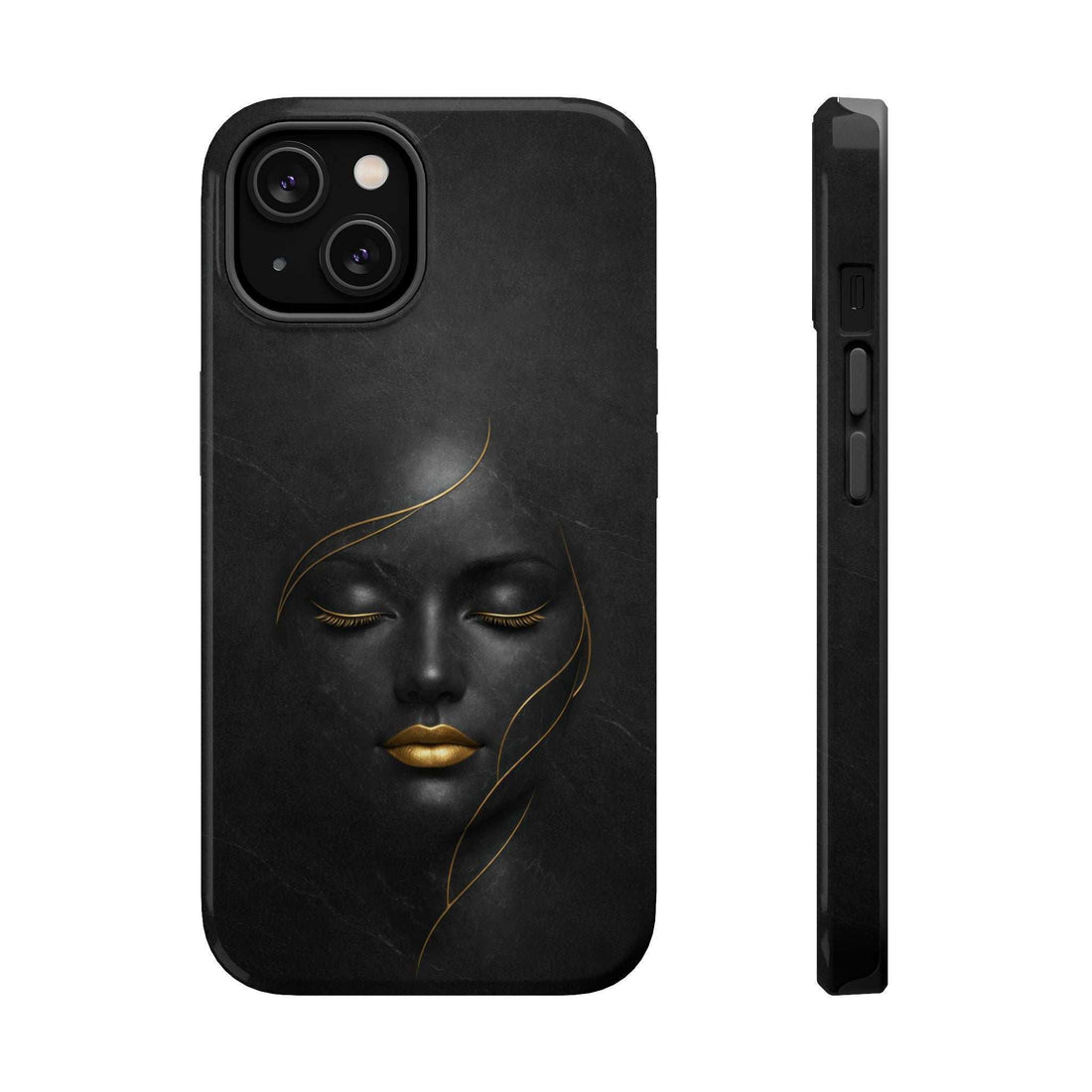 Black phone case with gold face artwork and front camera cutouts in a dark frame.