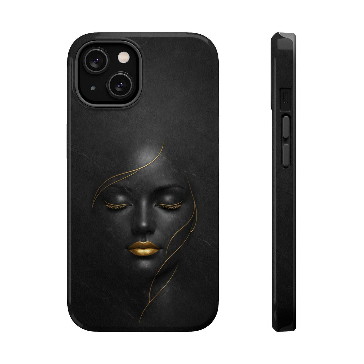 Black phone case with gold face art, plus side view showing button cutouts.