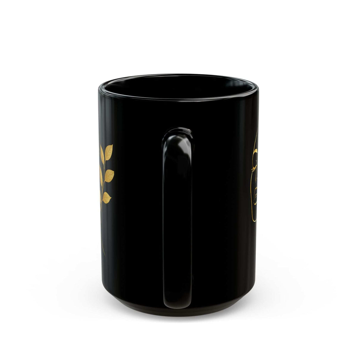 Black mug with gold leaf-style accents on the sides