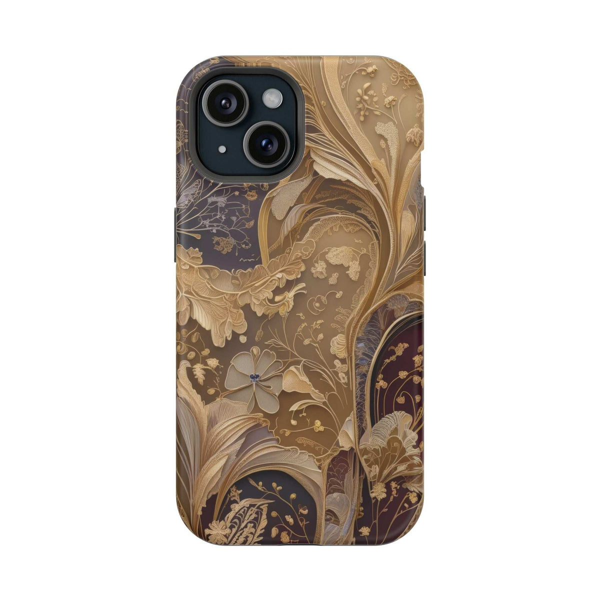 Ornate botanical phone case with gold-toned vines and flowers; camera cutouts on back.
