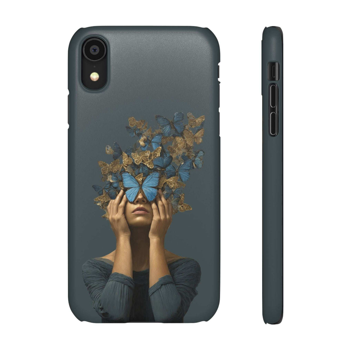 Dark gray phone case with butterfly face illustration and slim side profile