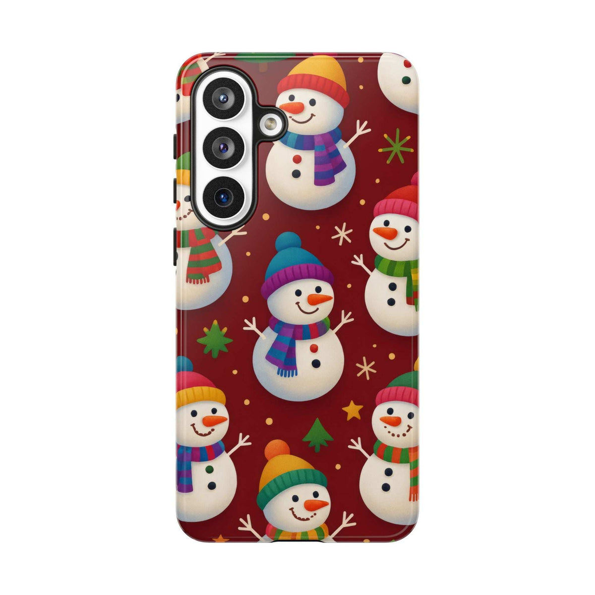 KARARMDESIGN glossy festive snowmen phone case, full back view with cheerful snowman lineup