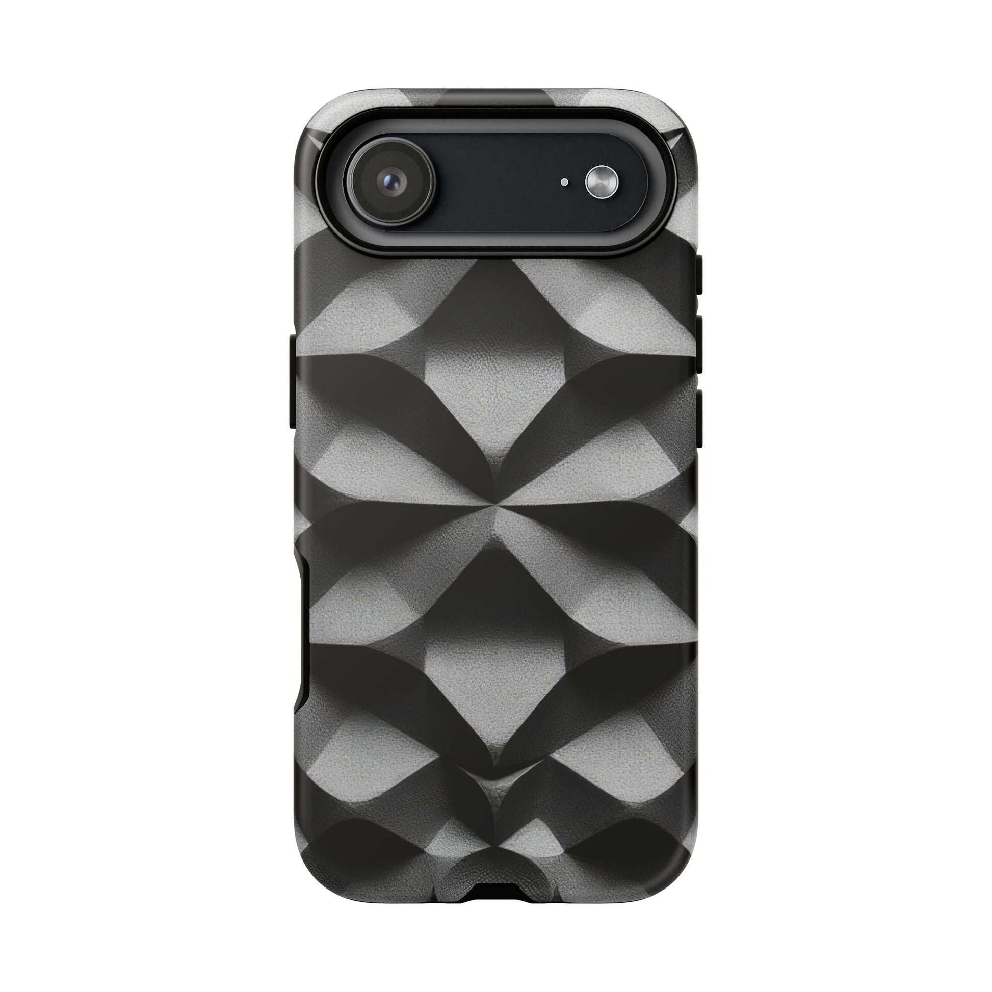 Tough phone case with black-gray geometric pattern and full back camera housing cutout