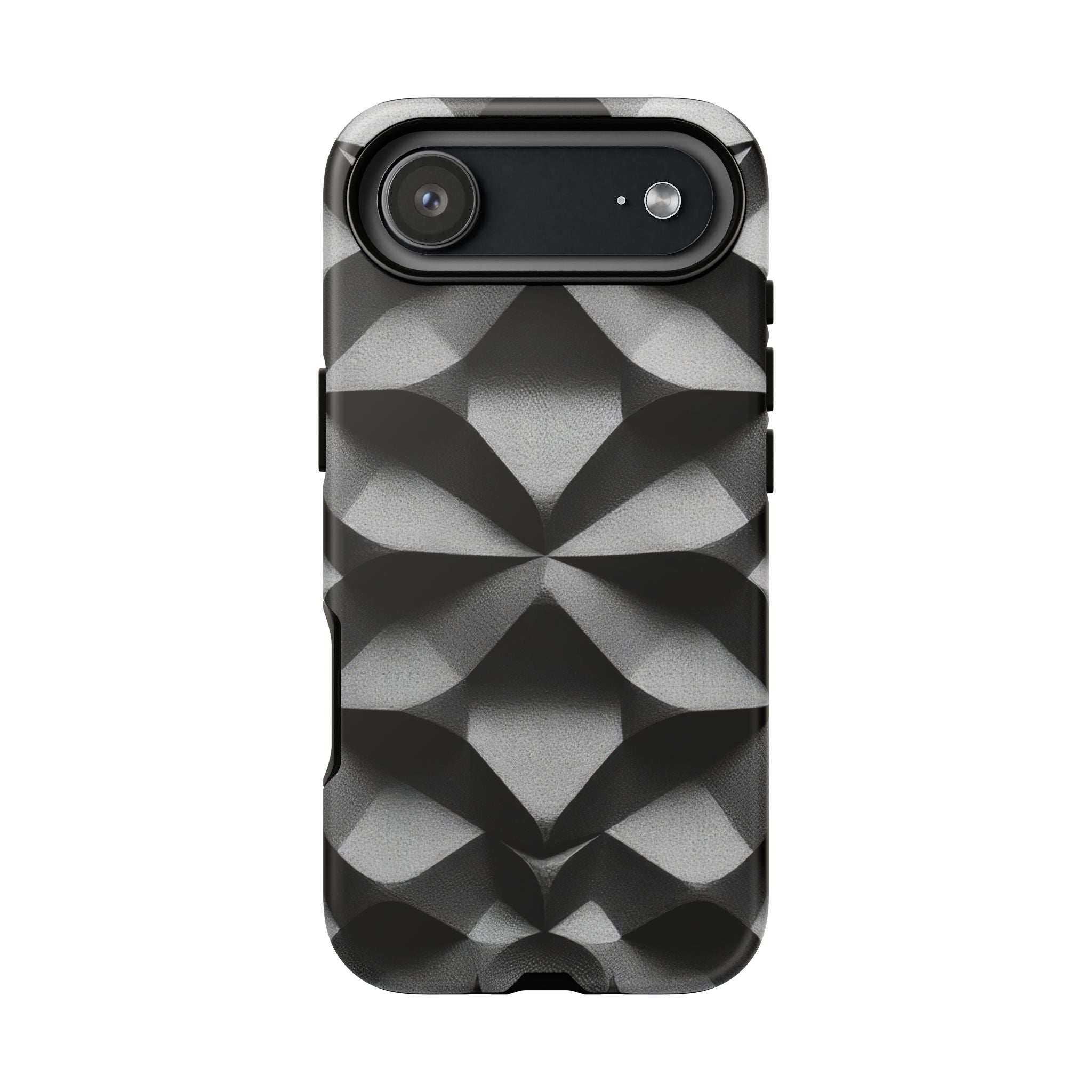 Tough phone case with black-gray geometric pattern and full back camera housing cutout