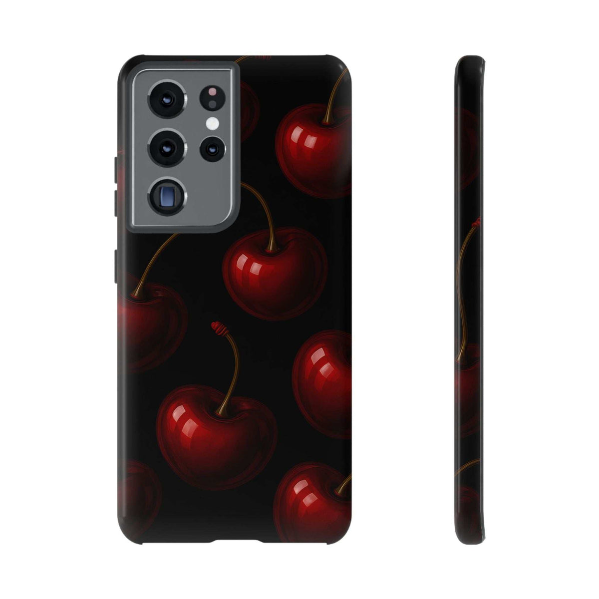 Glossy phone case with red cherries on dark background; camera cutout array on top-left