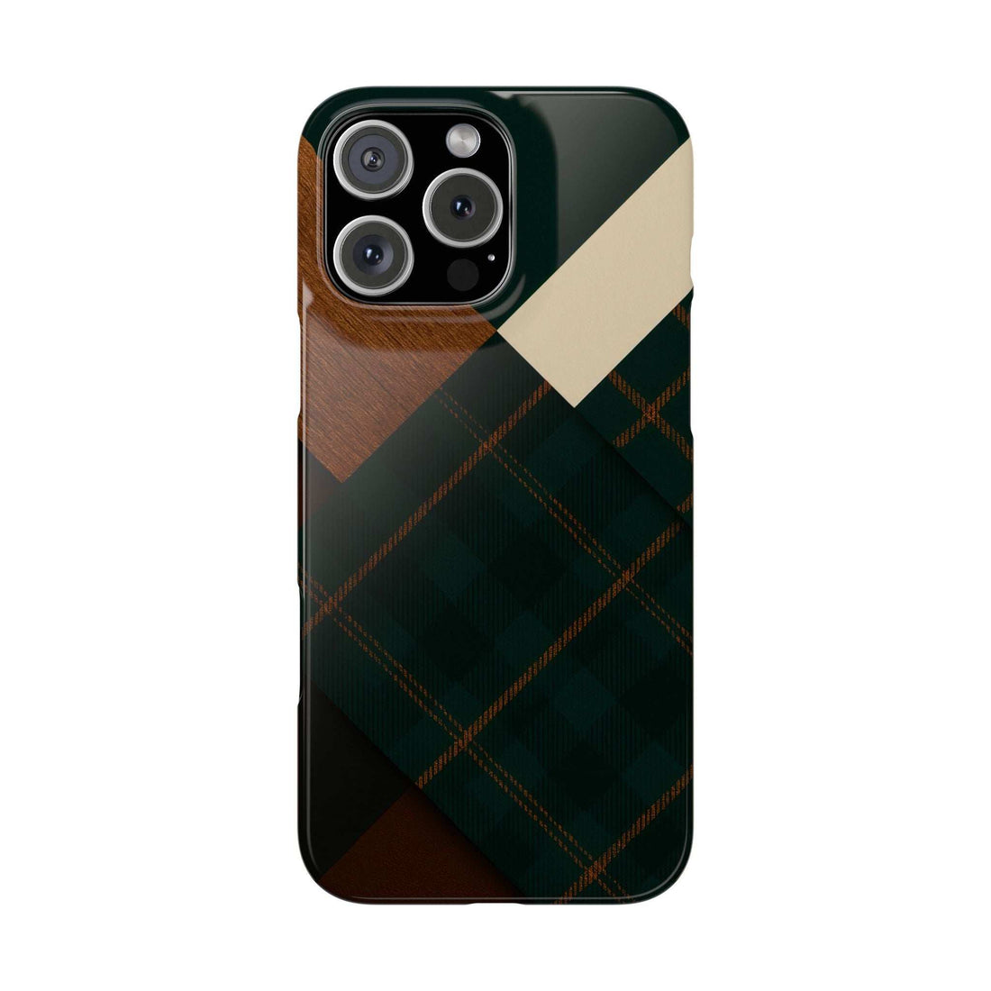 Rustic phone case with green plaid pattern and tan wood-look corner panel, cream stripe