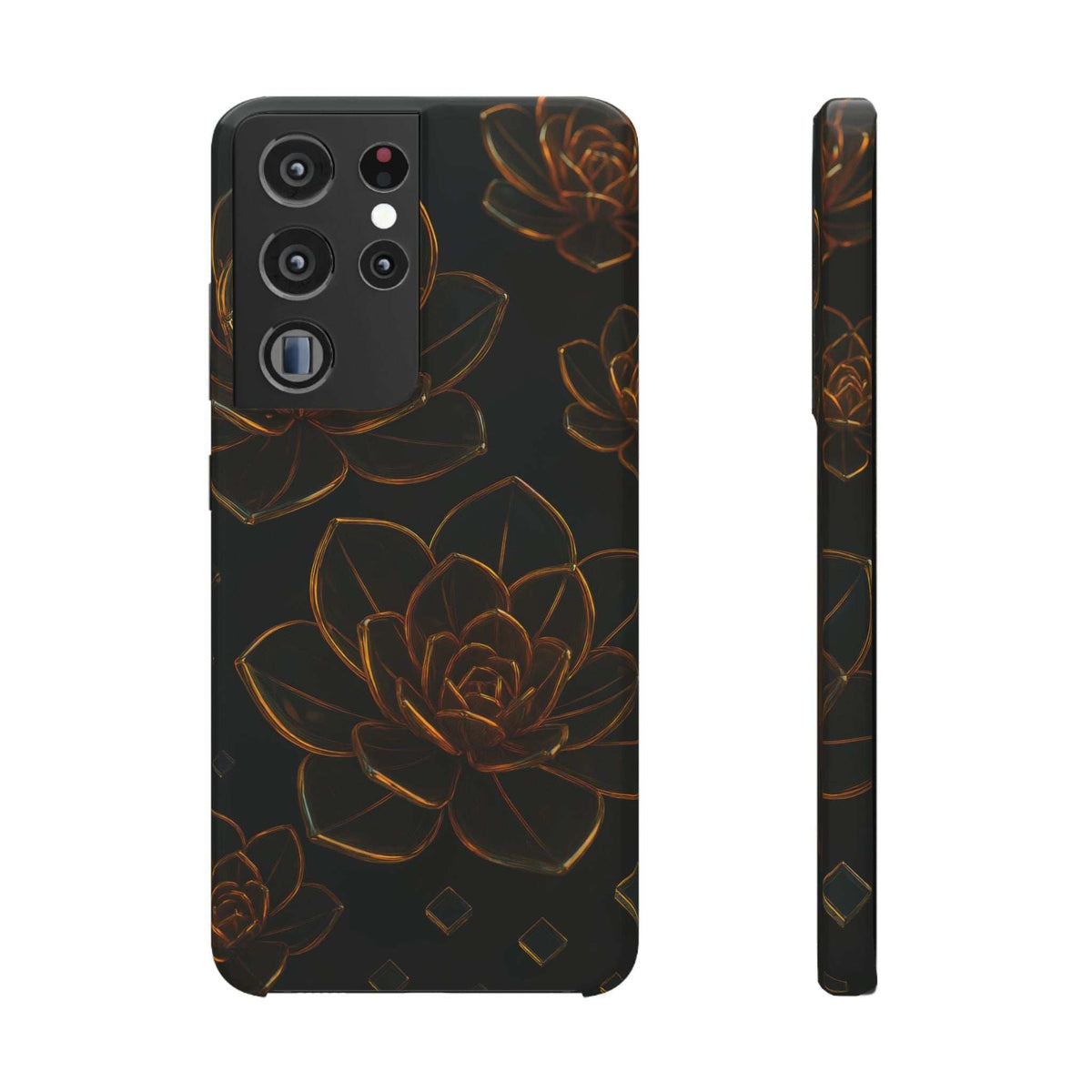Glossy black glass phone case with gold lotus line art, multi-camera cutouts