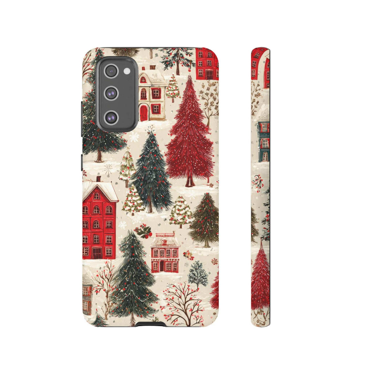 Winter village phone case with snowy houses and evergreens, side edge and camera cutouts.