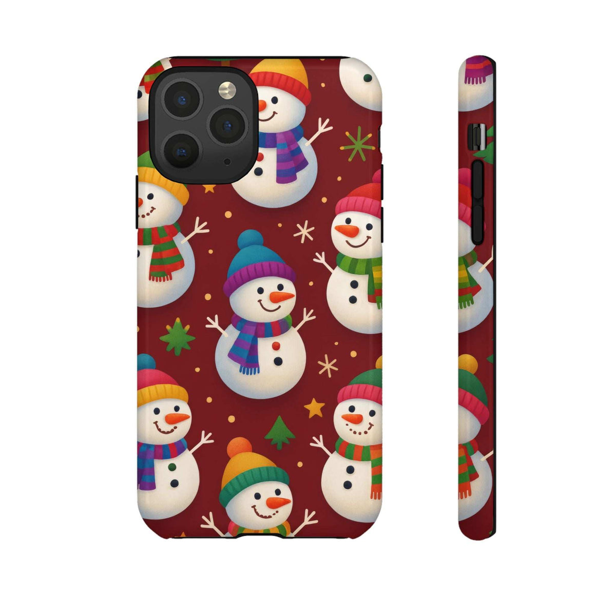 Glossy phone case with festive snowmen pattern; front edge and side opening visible