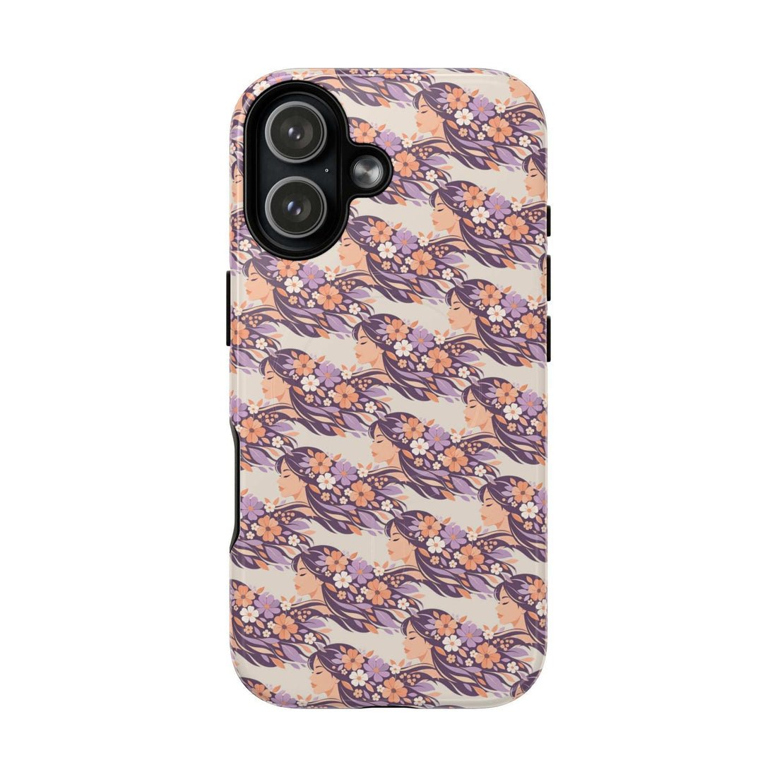 Floral iPhone 13-17 phone case with pastel pink and purple blossoms, raised camera cutouts