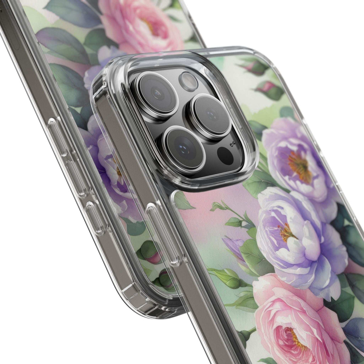 Clear floral phone case close-up with raised camera lens cover and pastel blossoms