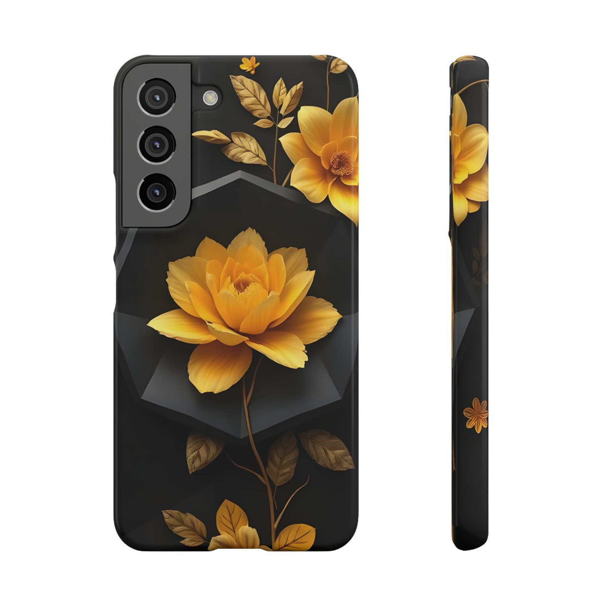 Black phone case with yellow bouquet pattern, camera lenses and flash cutout