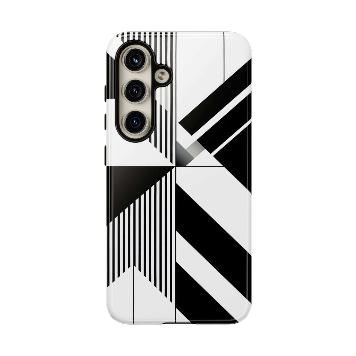 Tough phone case with black-and-white geometric pattern and triple-lens camera cutouts