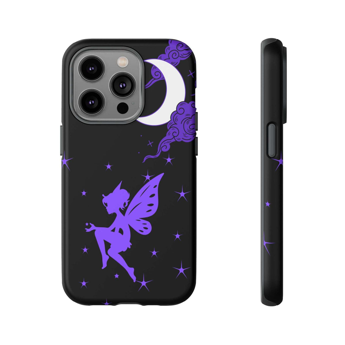 Black phone case with purple crescent moon and fairy silhouette; camera lenses on back