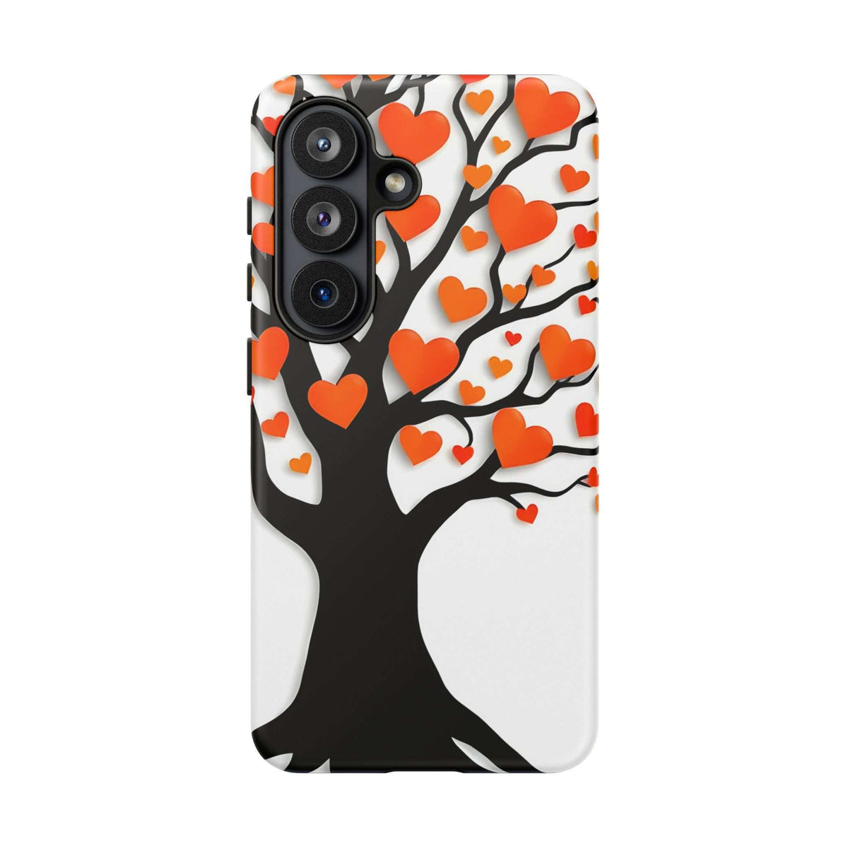 Heart tree phone case with orange hearts and white branches, cutouts for triple-camera setup