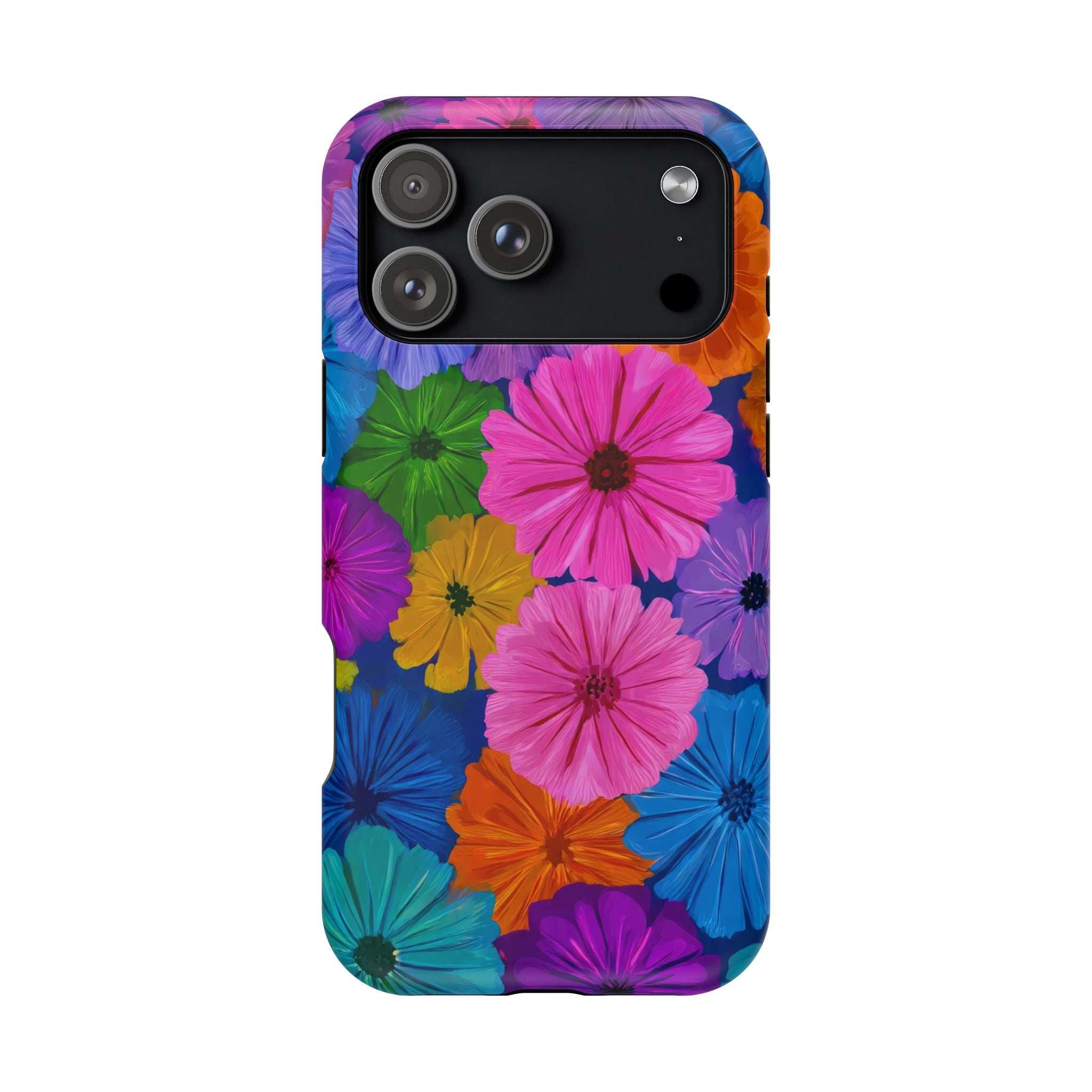 Vibrant floral phone case featuring three camera lenses and an LED flash cutout.