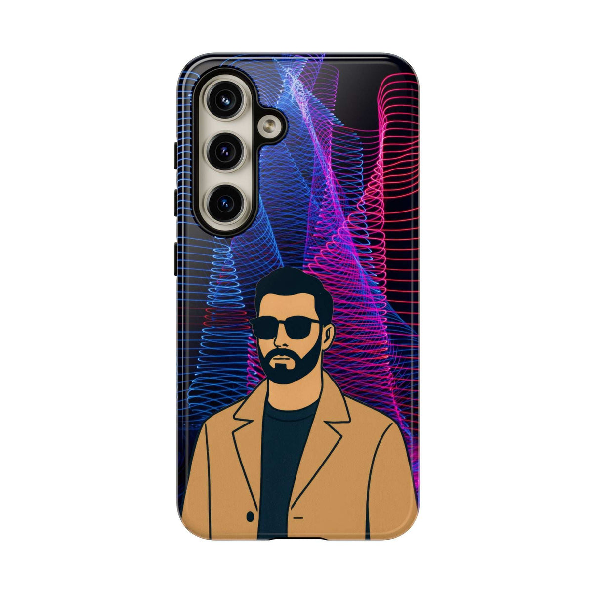 Glossy phone case close-up with bearded man in tan jacket and neon blue/pink lines