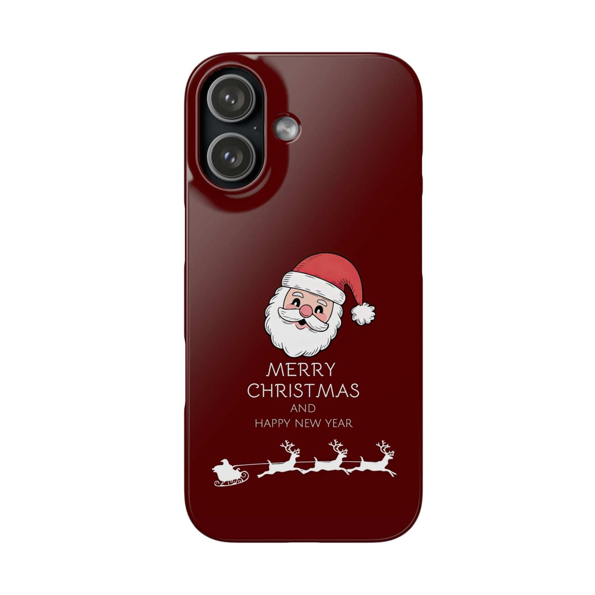 Glossy crimson phone case with Santa face and sleigh holiday graphic, vertical camera lens