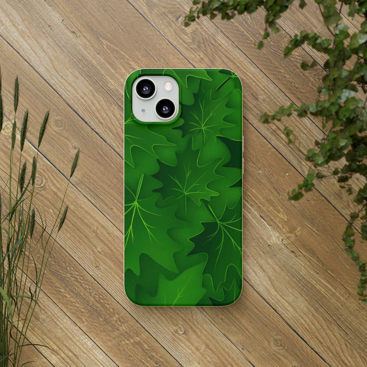 Green leaf-pattern phone case with dual camera cutout