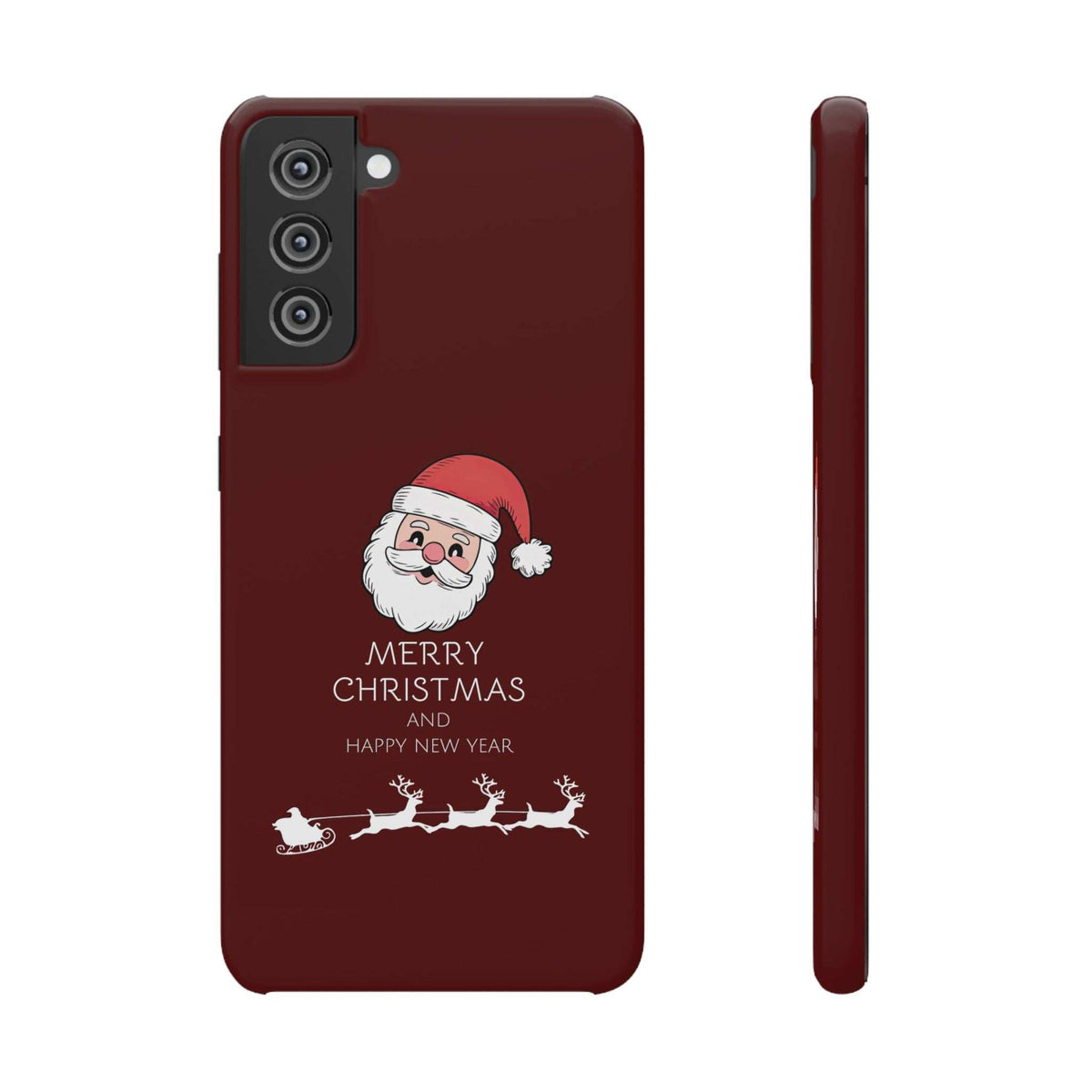 Glossy maroon phone case with Santa graphic, Merry Christmas text, and triple camera cutout.