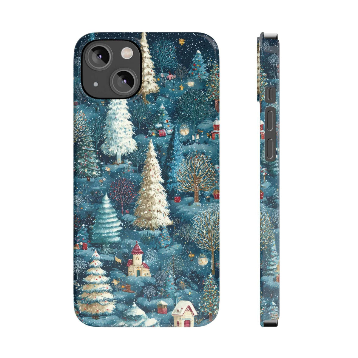 Frosty forest phone case showing teal winter trees and cottage lights; front and side edge