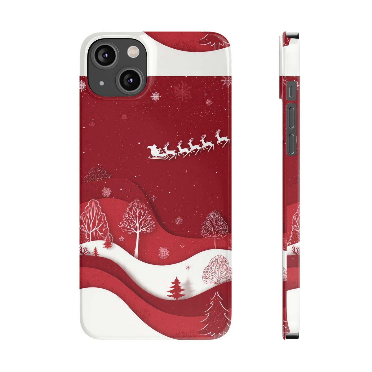 Red winter-themed phone case with sled and forest artwork; side ports and button openings.