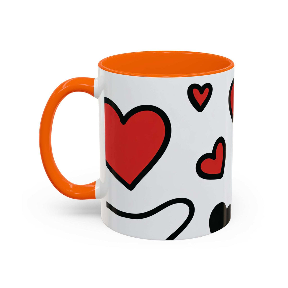 Orange and white love-themed accent coffee mug with large heart face graphic and handle