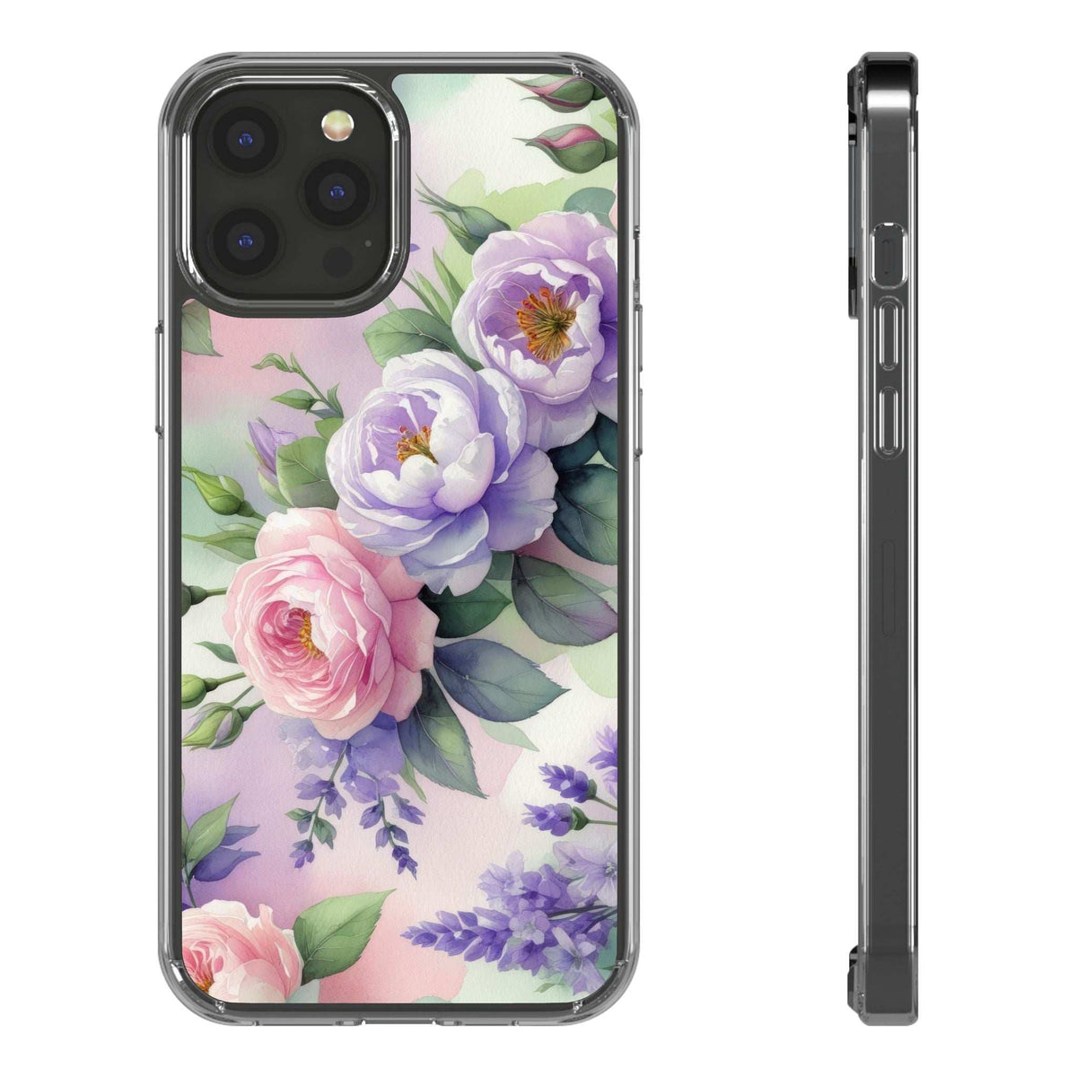 Clear floral phone case front view with side profile; lilac and pink flowers on pastel