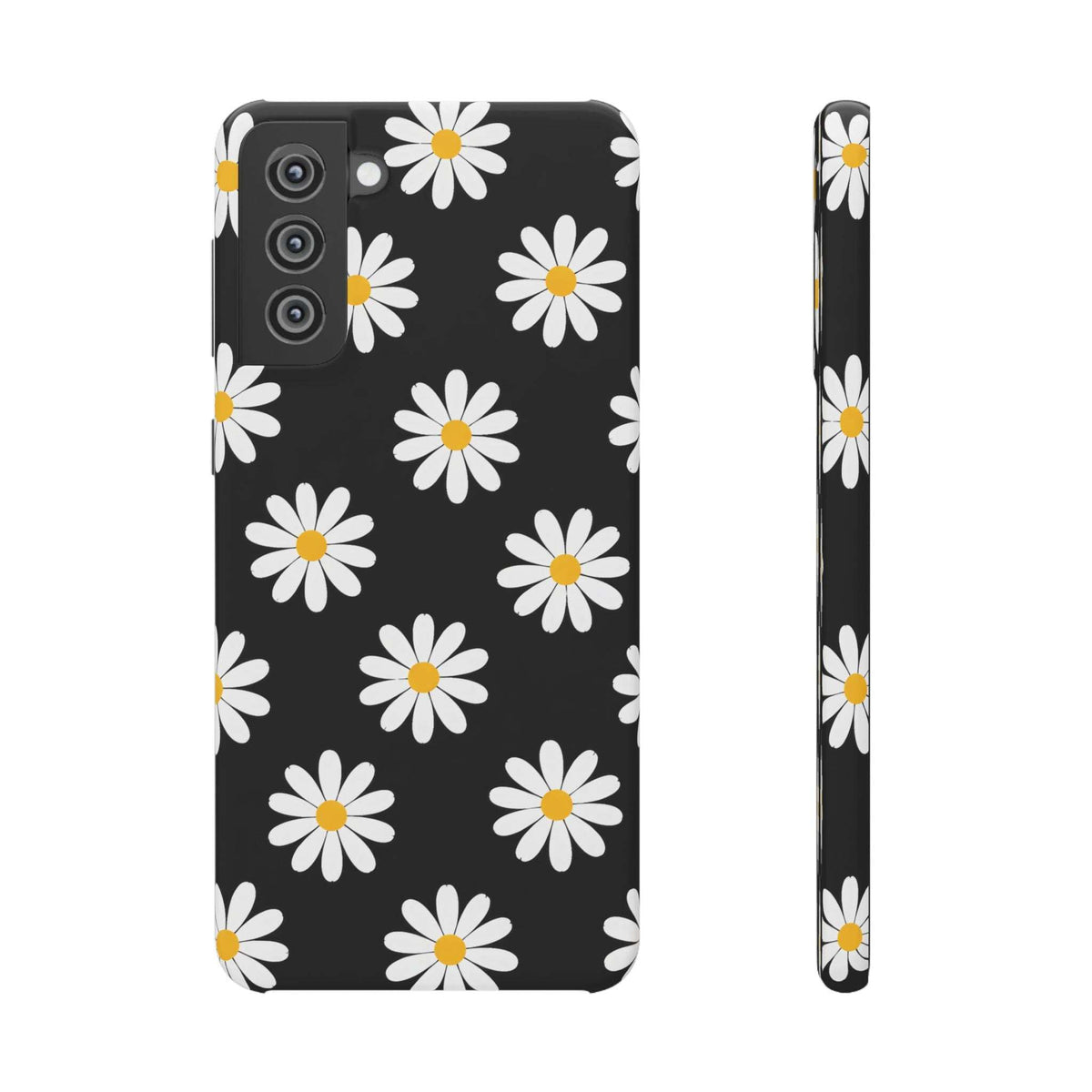 Black phone case with white daisies and yellow centers; back with camera openings visible.