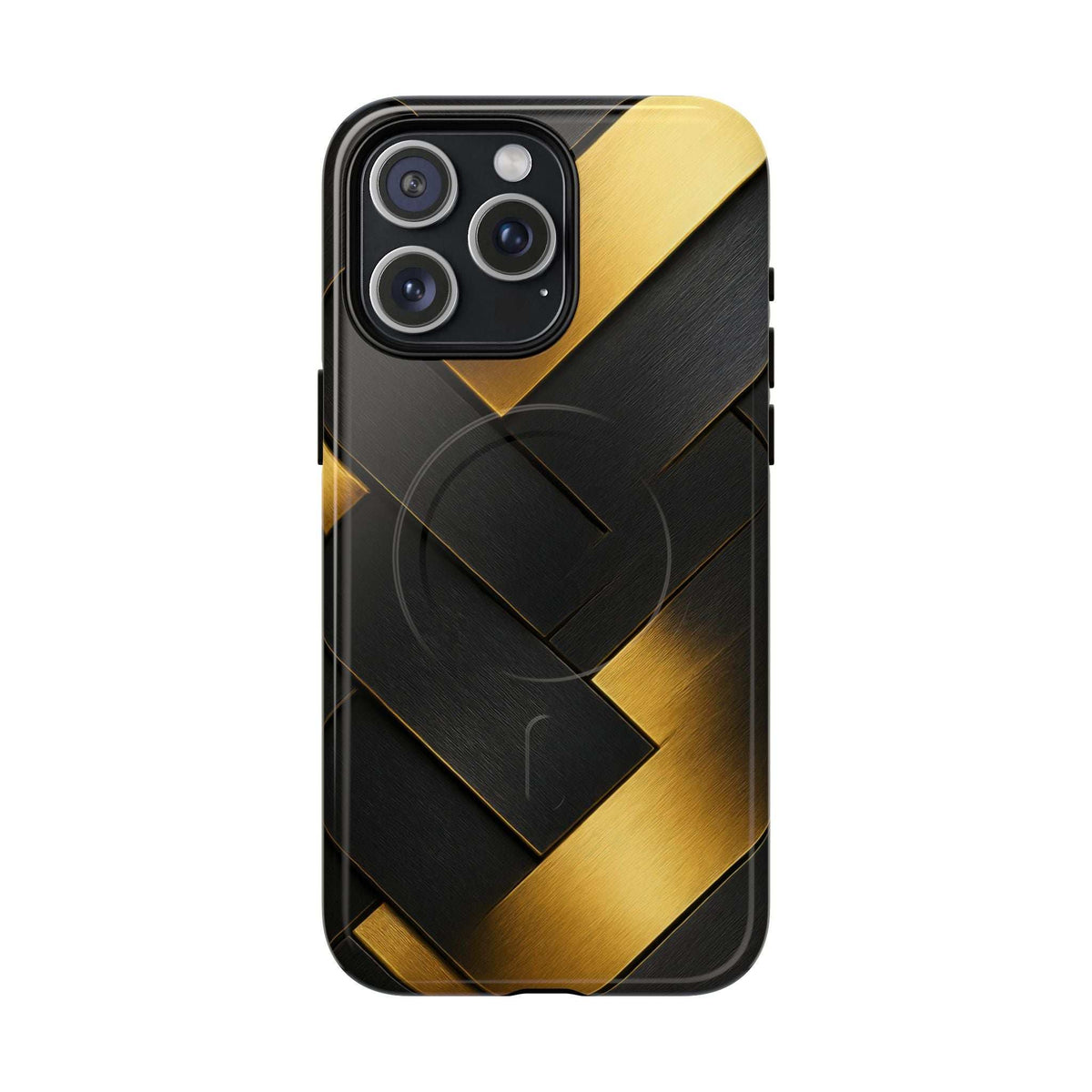 Glossy phone case, black with gold diagonal chevron pattern, rear view with camera lenses