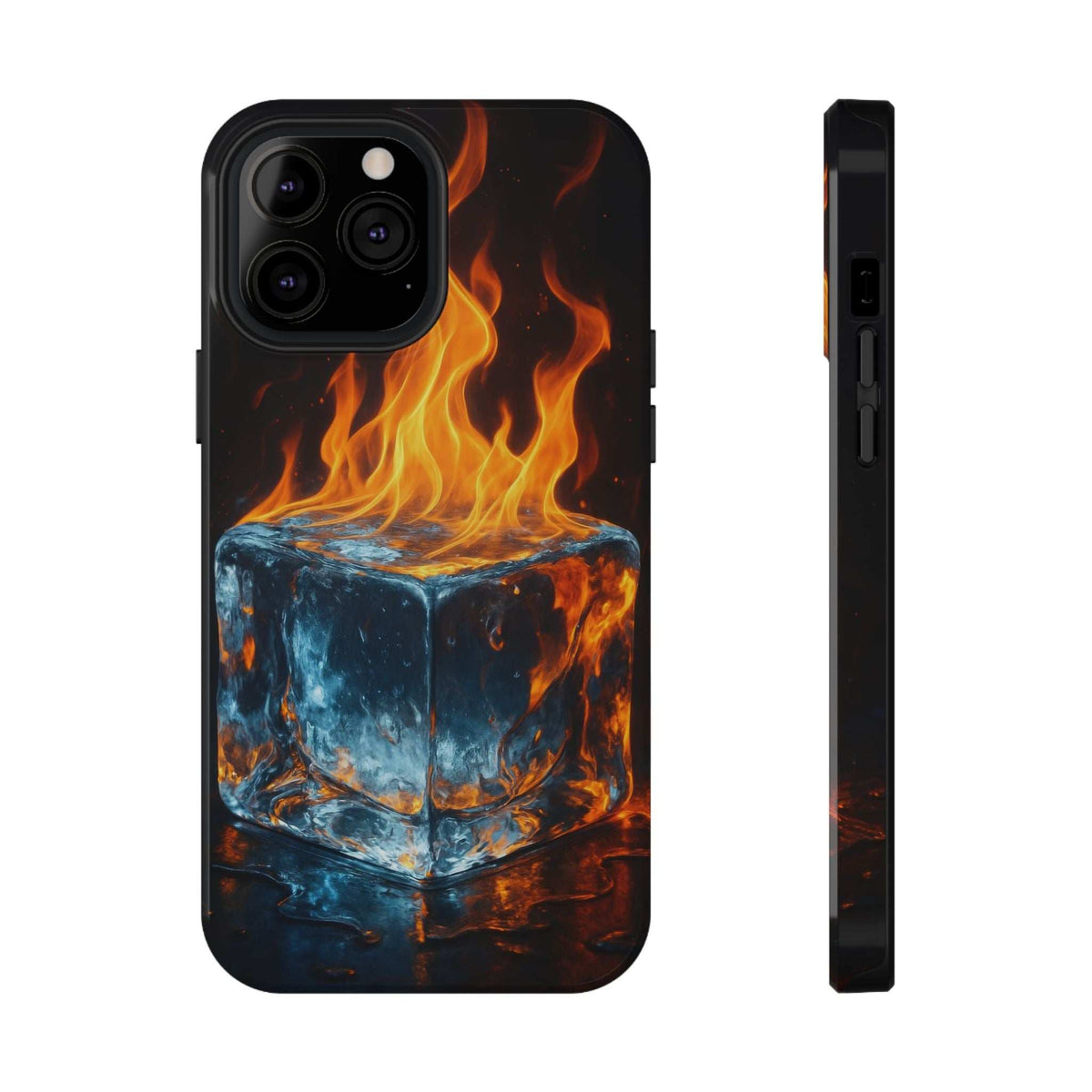 Phone case with glossy black flame-and-ice cube print; side profile and camera cutouts.