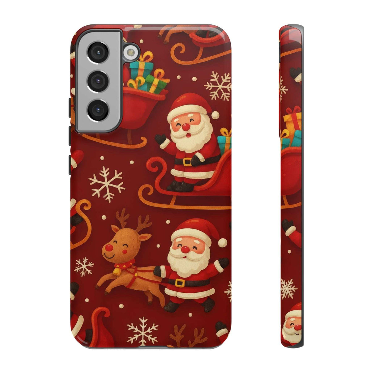 Christmas phone case showing Santa in sleigh with reindeer and snowflake motifs, glossy