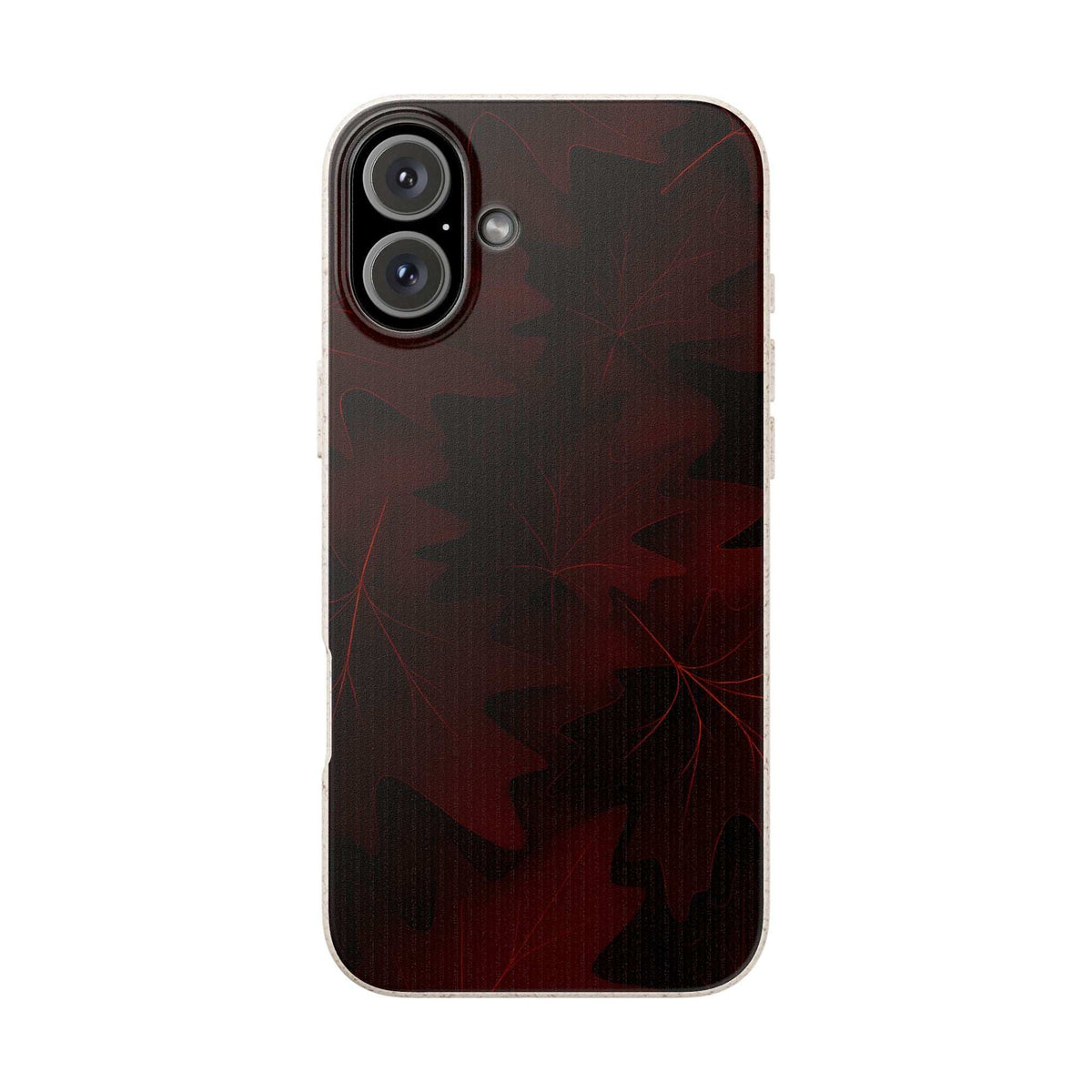Maroon autumn leaf phone case with dual-lens camera cutout and glossy raised bezel
