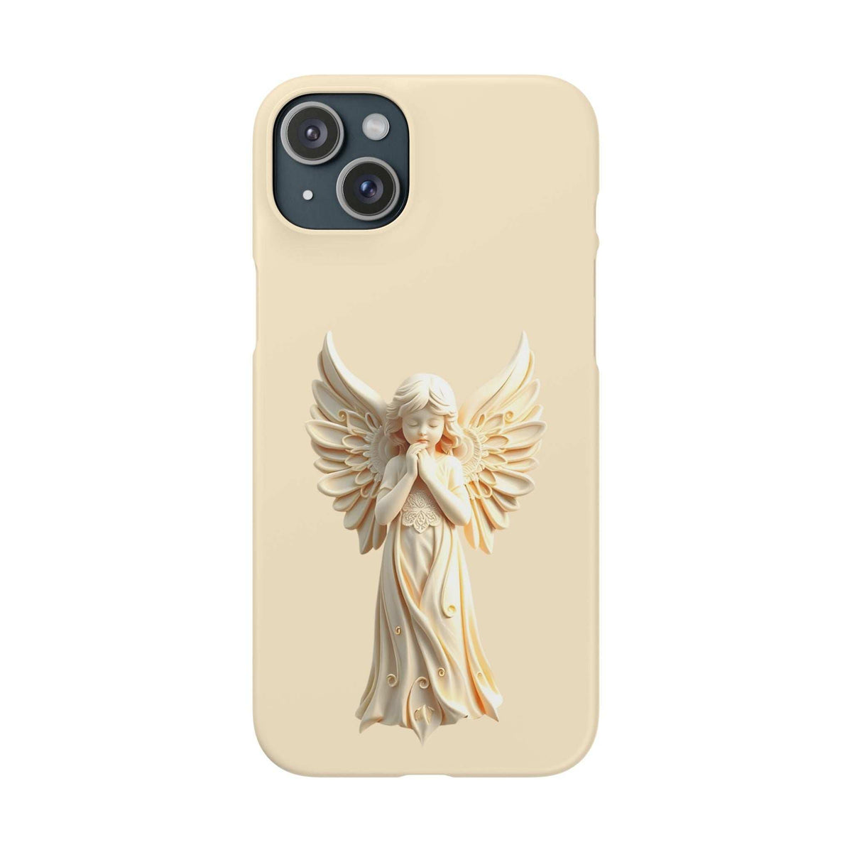 Beige phone case with angel figure artwork and three-lens camera opening