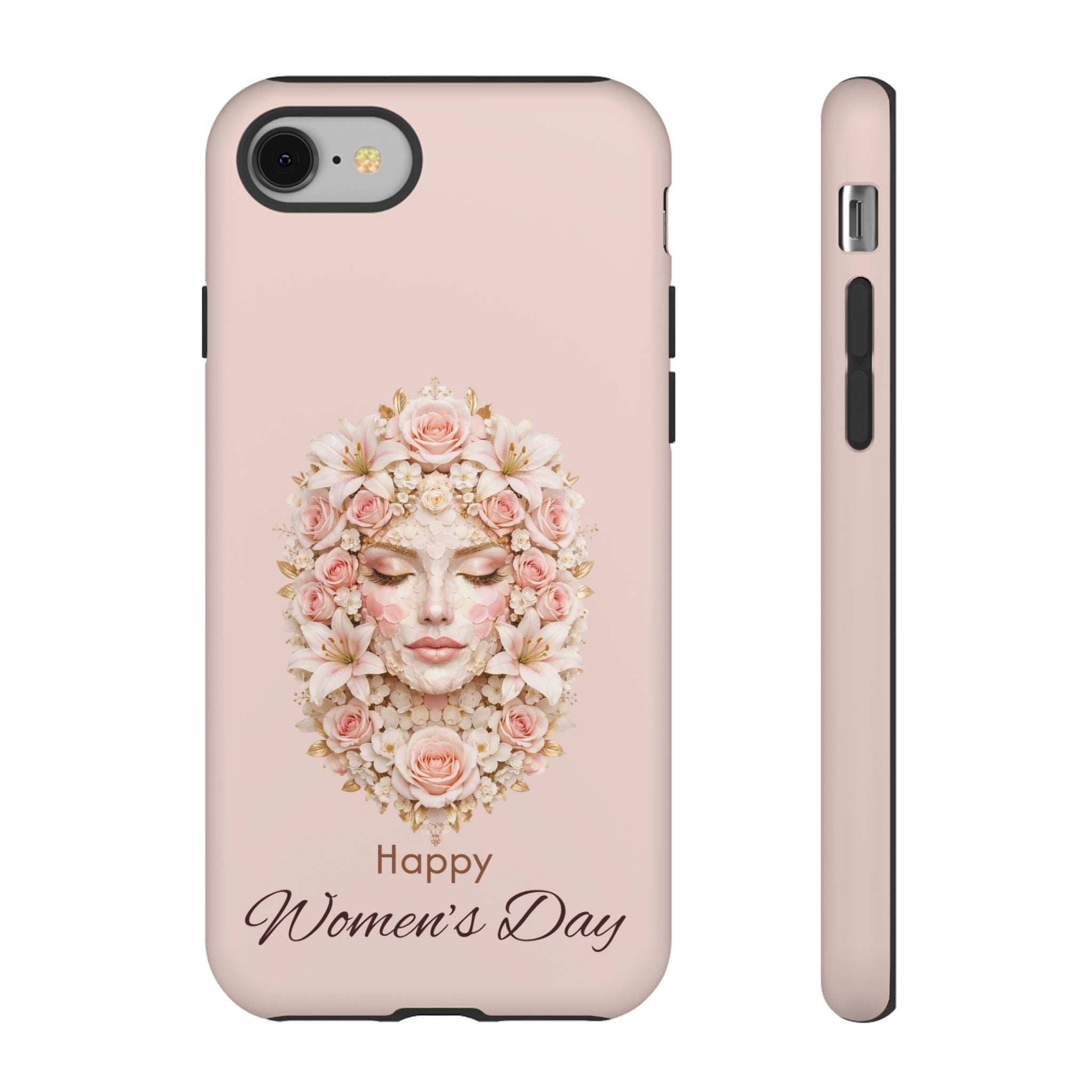 Pink iPhone phone case with floral woman face and 'Happy Women's Day' text; slim side profile.