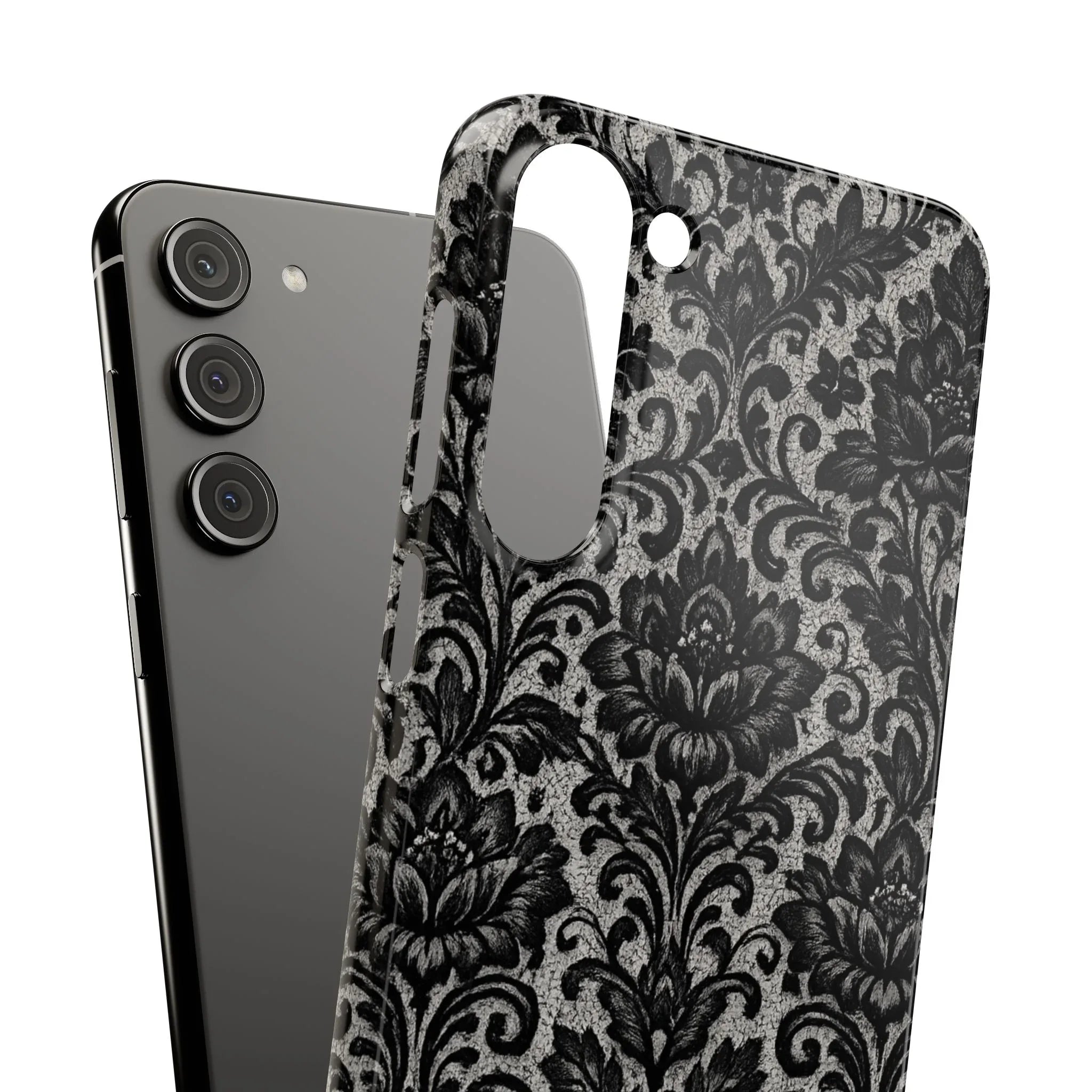 Black Damask Floral Phone Case for iPhone 11-17 and Galaxy S20-S25 - KARARMDESIGN