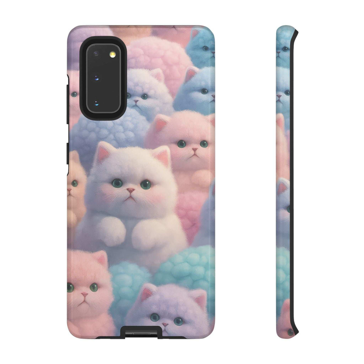 Glossy pastel kitten phone case with cats pattern and back camera lens window