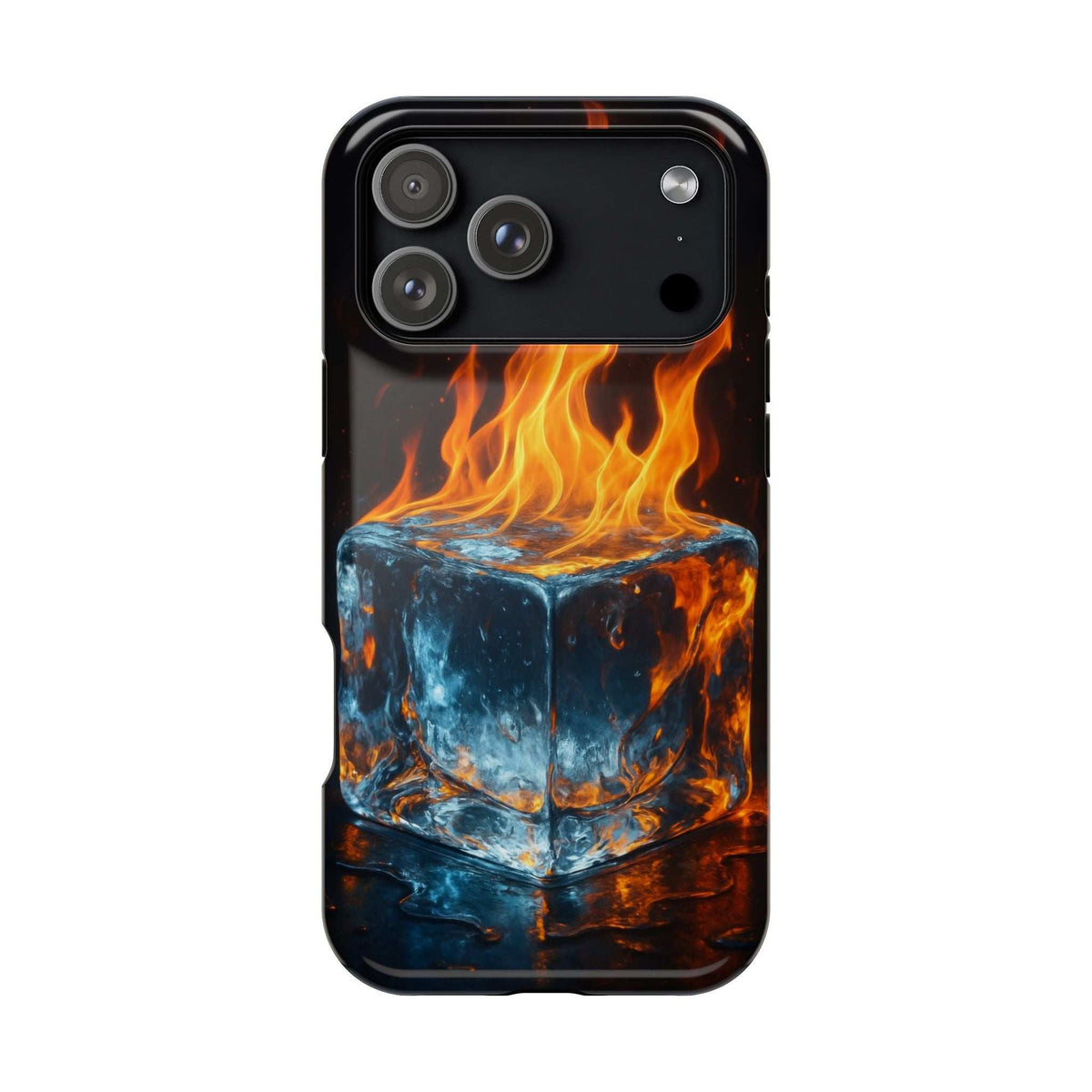 Black glossy phone case with flame-and-ice cube graphic and camera cutouts
