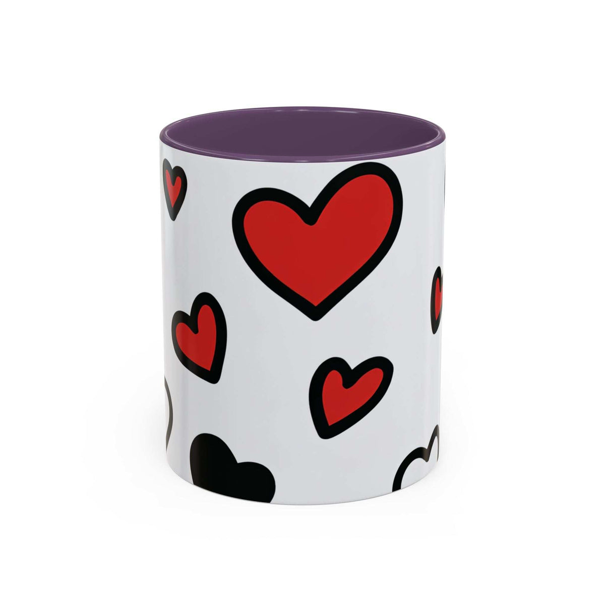Accent coffee mug with purple interior and rim, white body with red and black heart prints