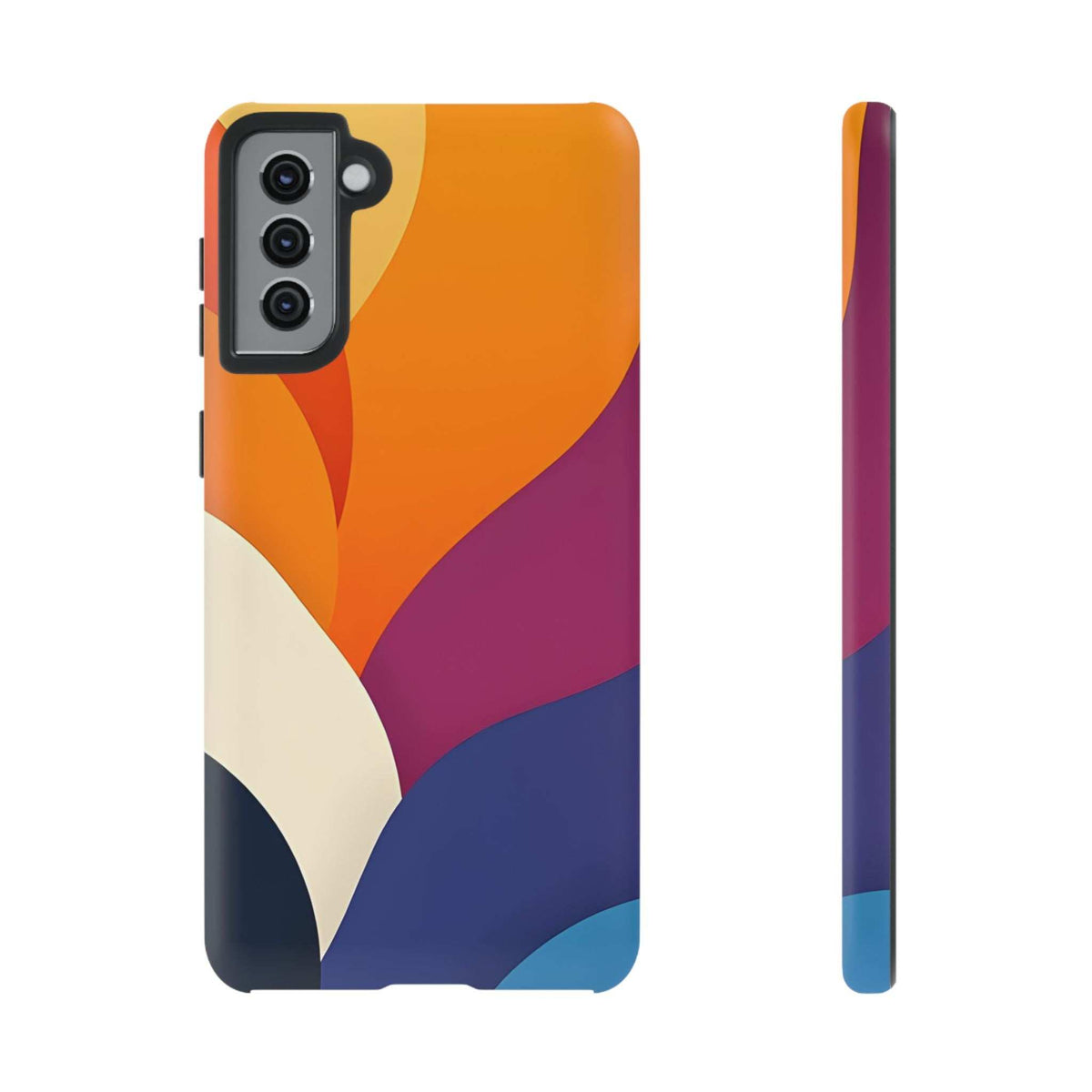 Phone case with abstract orange, magenta, navy, and cream curves; triple-camera cutout.