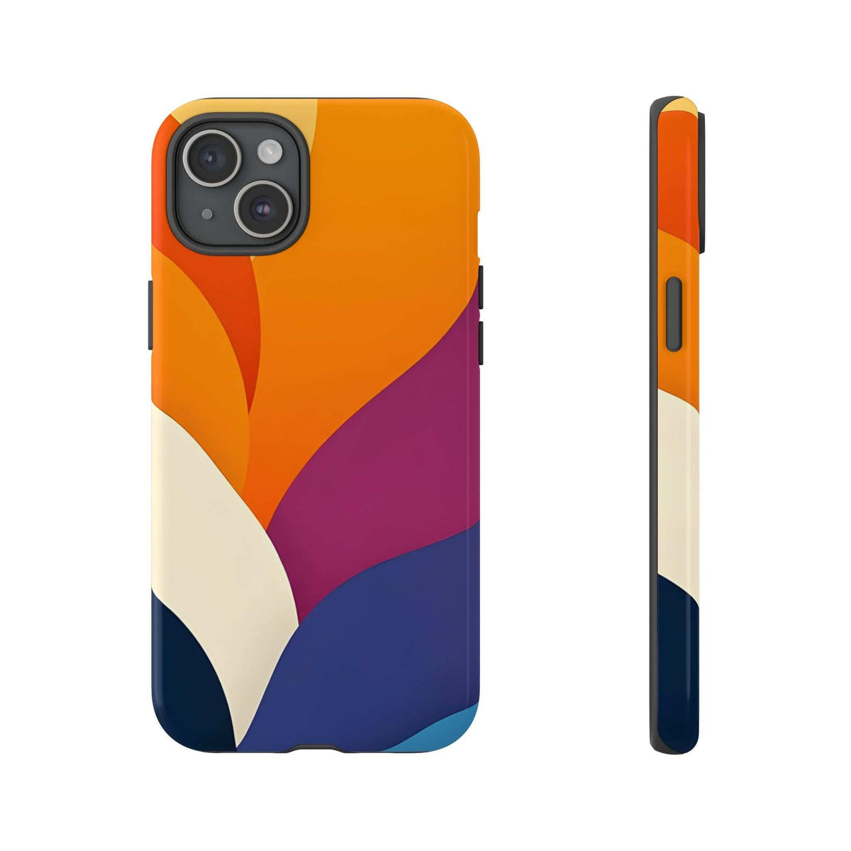 Phone case with bold abstract orange, magenta, navy and white shapes; rear camera openings