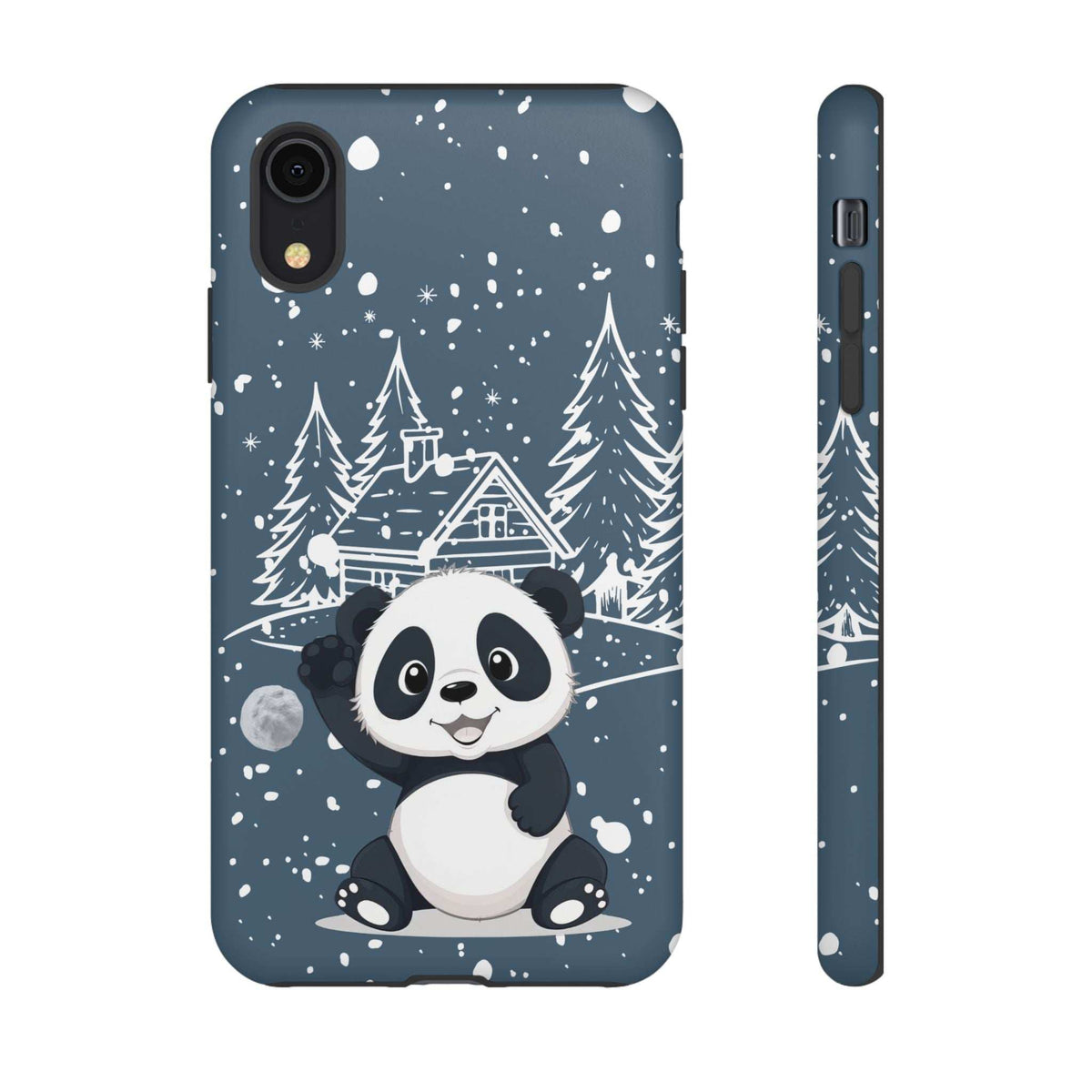 Dark blue phone case showing panda in snowy winter forest, front and narrow side