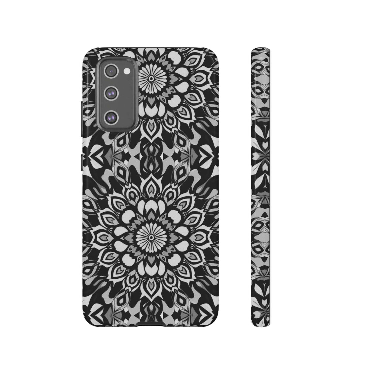 Mandala phone case with black-and-white mandala pattern and raised camera module area